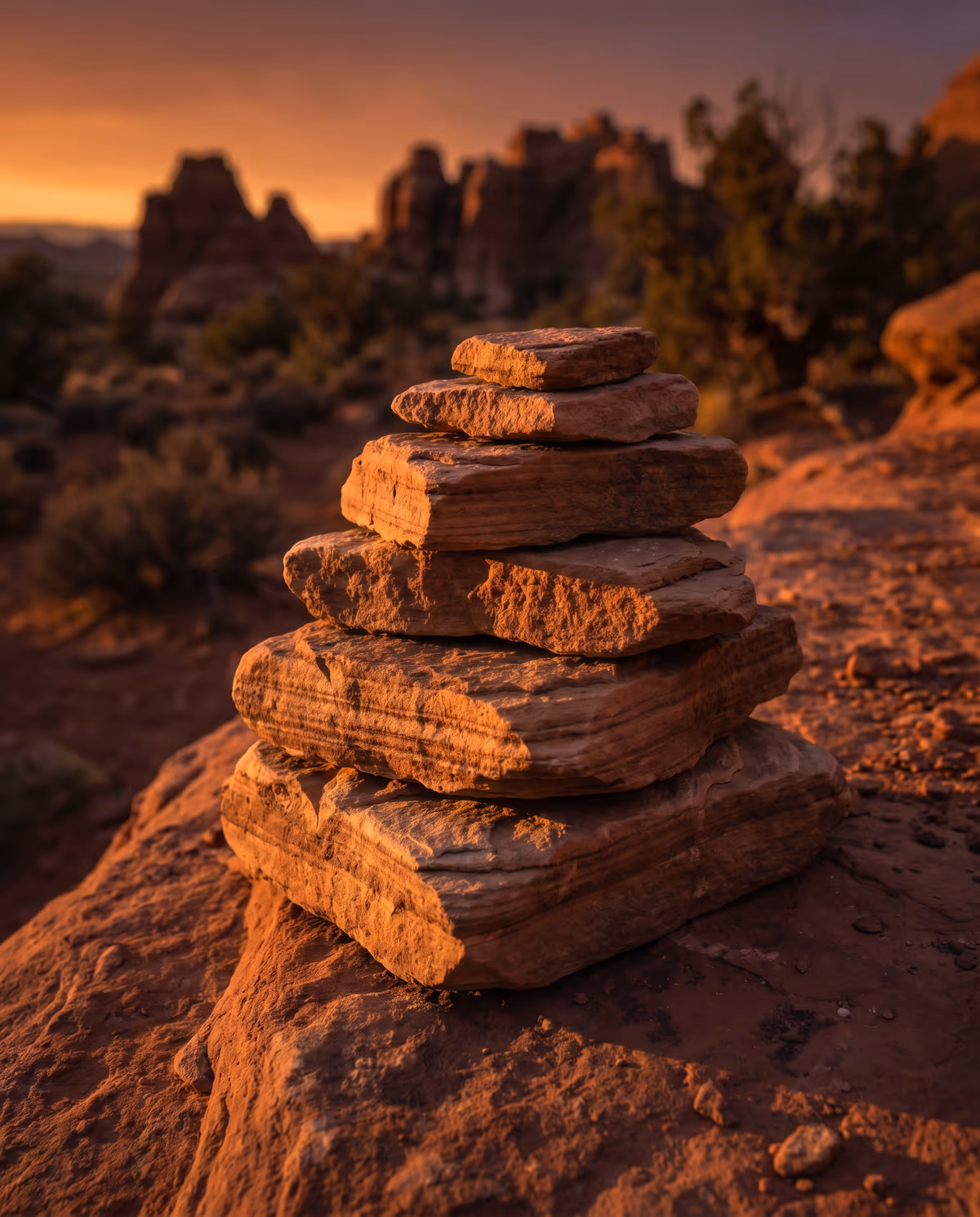 A cairn of stratified sandstone slabs stacked on a canyon ledge at dusk